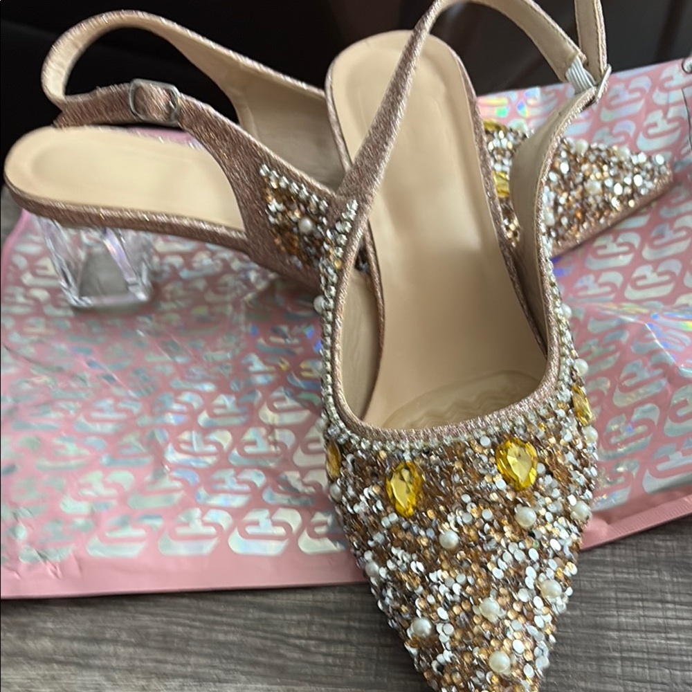 Elegant Gold and Yellow Heels with Crystal Embellishments